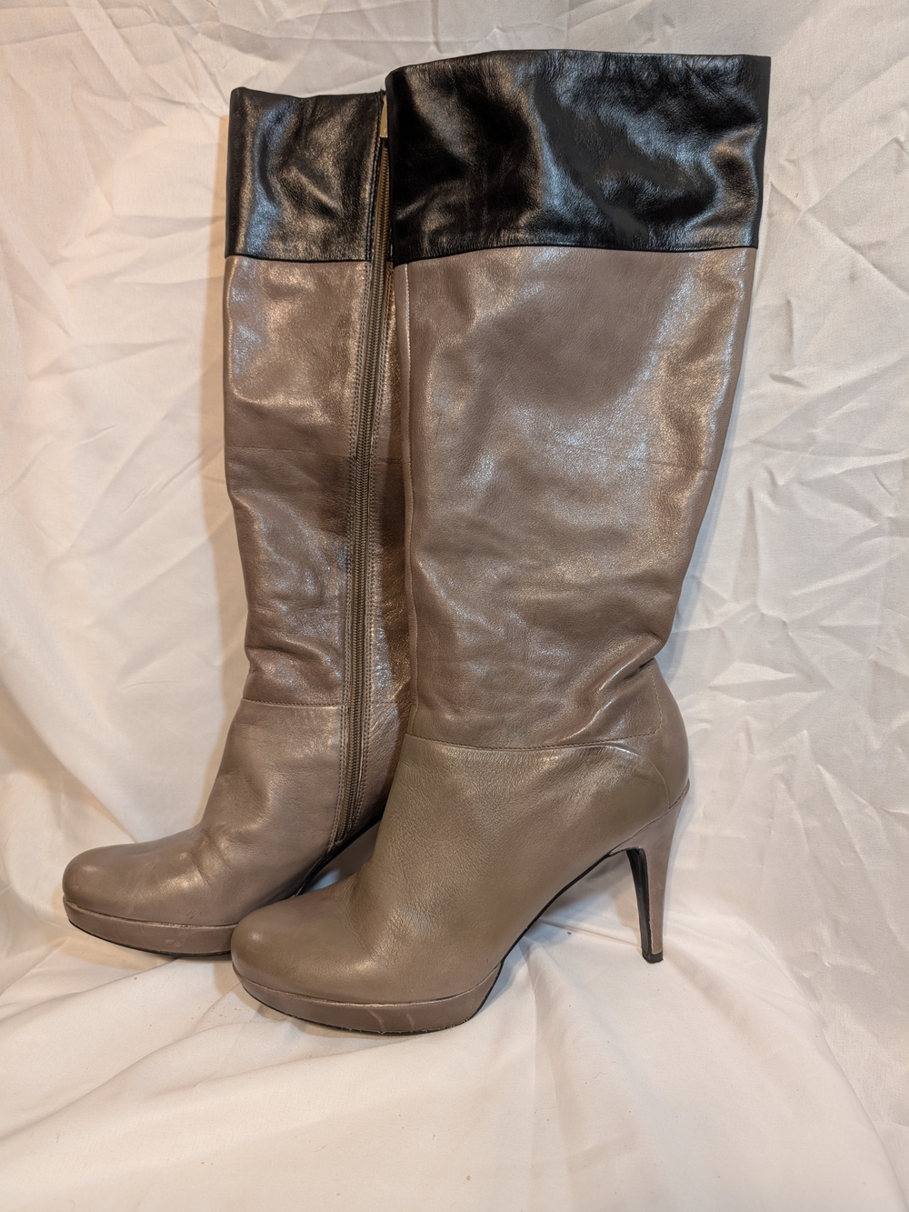 Marc Fisher Two-Tone Knee-High Leather Boots in Taupe and Black